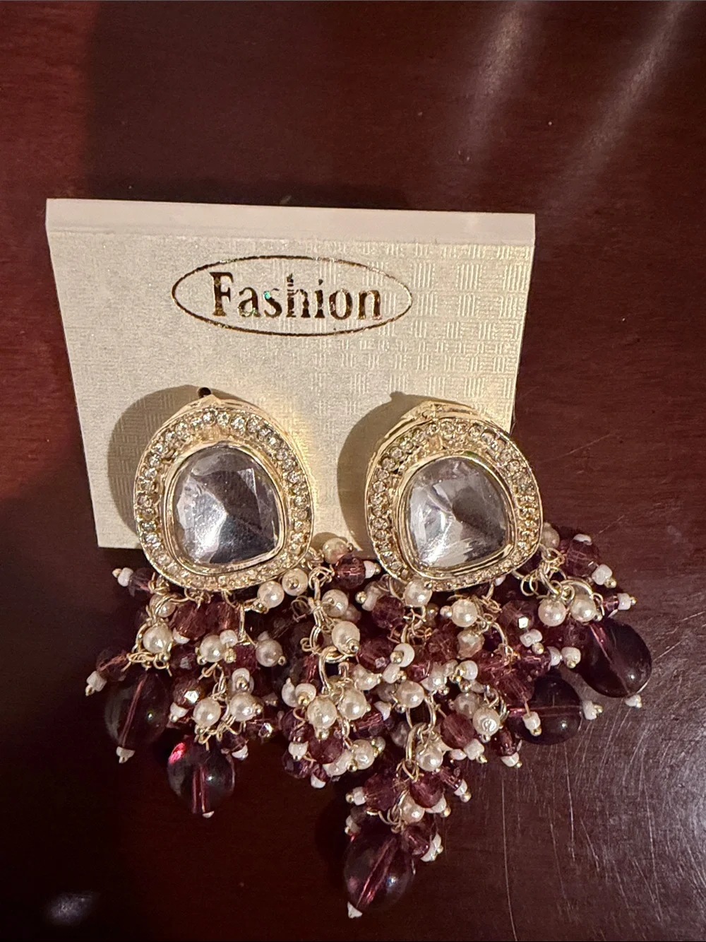 Gold-Tone White & Deep Wine Cluster Drop Earrings